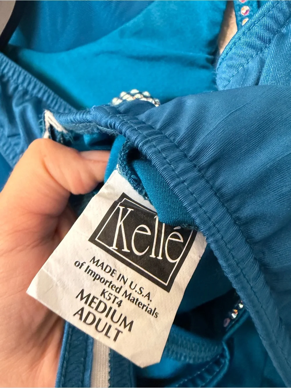Kelle dance solo costume teal blue 2 piece custom rhinestone MA-Medium adult